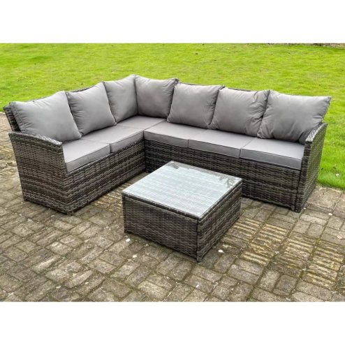 High Back Dark Mixed Grey Rattan Corner Sofa Set Outdoor Furniture Square Coffee Table 6 Seater