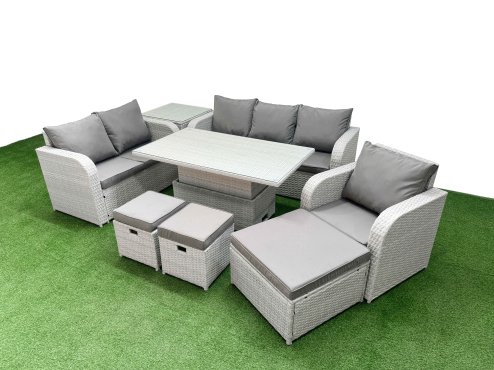 Fimous Patio PE Wicker 9 Seater Outdoor Rattan Furniture Sofa Sets with Adjustable Lifting Dining or Coffee Table Reclining Chair Loveseat Sofa 3 Seater Sofa Stool Side Table Light Grey