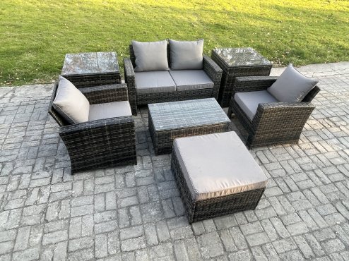 Fimous 5 Seater Outdoor Lounge Sofa Set Wicker PE Rattan Garden Furniture Set with Rectangular Coffee Table Double Seat Sofa 2 Side Tables Big Footstool Dark Grey Mixed