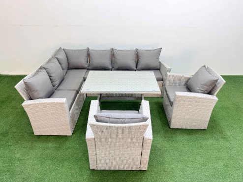Fimous Garden Outdoor Rattan Furniture Set Rattan Corner Sofa Oblong Dining Table with 2 Armchairs Light Grey Mixed 8 Seater