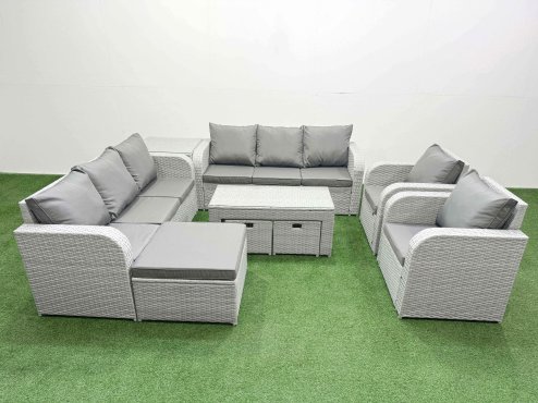 Fimous PE Rattan High Back Lounge Sofa Set Patio Oblong Coffee Table & Chairs Set with 3 Seater Sofa Reclining Chair 3 Stools Side Table Light Grey