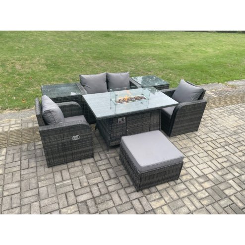 Fimous Rattan Garden Furniture Set Outdoor Patio Gas Fire Pit Dining Table and Chairs with 2 Side Tables Love seat Sofa Footstool
