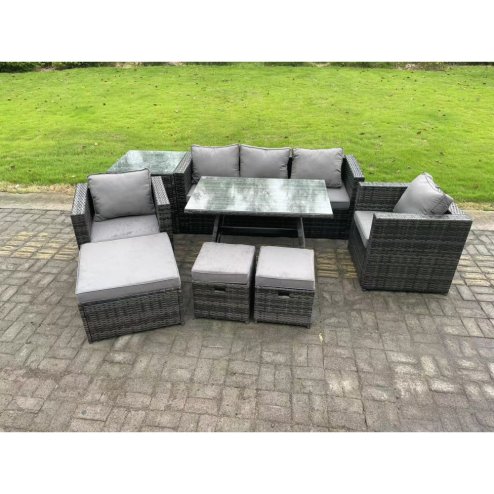 Fimous Rattan Outdoor Furniture Sofa Garden Dining Set with Dining Table 2 Armchairs Side Table 3 Stools 8 Seater Dark Grey Mixed