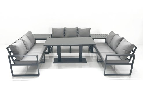 Fimous 9 Seater Garden Sofa Set Aluminium Furniture Rising Dining Tabe Set with 2 Side Tables Dark Grey