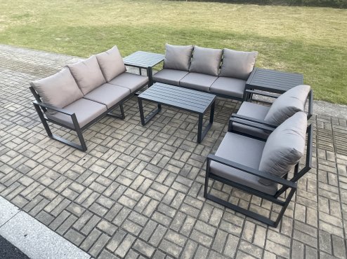 Fimous Aluminium 7 Pieces Garden Furniture Set with Cushions 8 Seater Outdoor Patio Lounge Sofa Set with 2 Armchairs 2 Side Tables Dark Grey