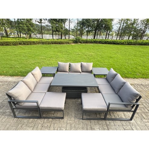 Fimous Aluminum Outdoor Patio Furniture Set Modern Patio Conversation Sets with Adjustable Rising Lifting Dining Table Big Footstool Side Table Dark Grey