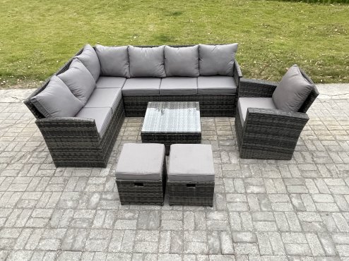 Fimous 9 Seater Outdoor Garden Furniture Set Wicker PE Rattan Corner Sofa Set with Square Coffee Table 2 Small Footstools Armchair Dark Grey Mixed