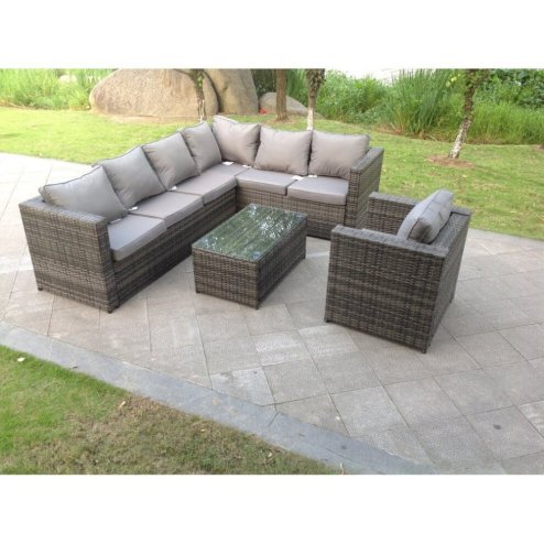 Fimous Dark Grey Mixed PE Rattan Corner Sofa Set Outdoor Garden Furniture Oblong Coffee Table Armchair With Cushions