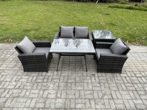 Fimous Outdoor Garden Furniture High Back Rattan Sofa Dining Table Set with Side Table Dark Grey Mixed
