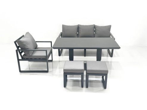 Fimous Outdoor Aluminium Garden Furniture Set with Adjustable Rising Lifting Dining Table 3 Seater Sofa Chair 2 Small Footstools Dark Grey