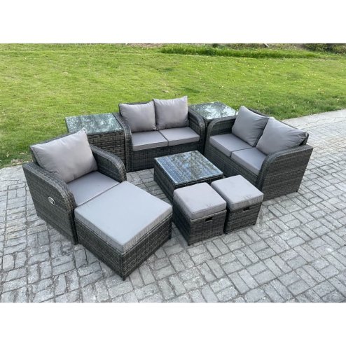 Fimous PE Rattan Garden Furniture Sets Outdoor Love Sofa Chair Set Square Coffee Table 2 Side Tables 3 Footstools