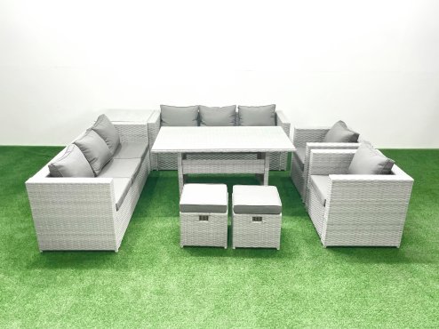 Fimous Rattan Garden Furniture Set Outdoor 8 Seater Patio Dinin g Sofa Sets with Dining Table 2 Chairs Side Table 2 Small Footstools Light Grey Mixed