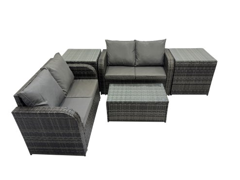 Fimous Outdoor Love Sofa Coffee Table Set Garden Rattan Furniture Set 4 Seater with 2 Side Tables Dark Grey