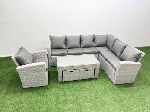Fimous Rattan Garden Furniture Set 6 Pieces Outdoor Garden Sofa Oblong Coffee Table Set with Chair 2 Small Footstools Light Grey Mixed
