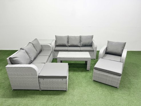 Fimous 9 Seater Poly Rattan Outdoor Garden Furniture Oblong Coffee Table Sofa Set Patio 3 Seater Sofa Reclining Chair 3 Seater Sofa 2 Big Footstools Side Table Light Grey
