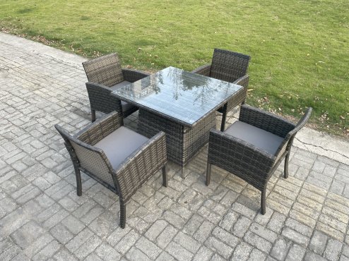 Fimous Wicker PE Outdoor Rattan Garden Furniture Arm Chair And Table Dining Sets 4 Seater Square Dining Table Dark Grey Mixed