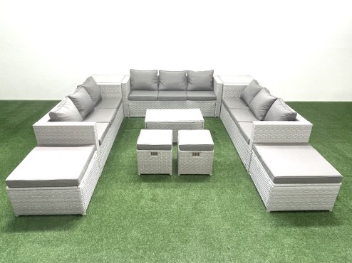 Fimous 10 Pieces Rattan Garden Furniture Set Outdoor Garden Sofa Coffee Table Set with 2 Side Tables 4 Footstools Light Grey Mixed