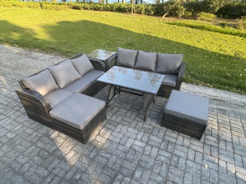 Fimous Rattan Garden Furniture Dining Set 8 seater Patio Rectangular Table 2 Big Footstool Side Table Dark Grey Mixed