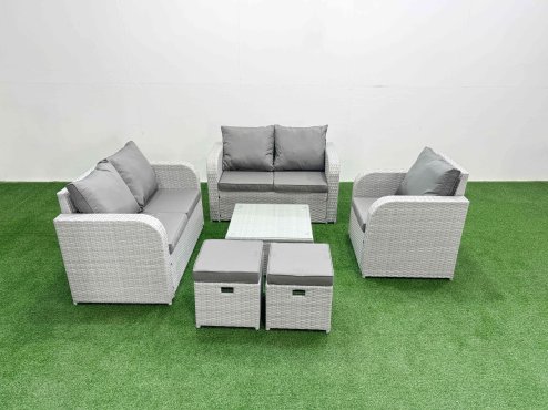 Fimous High Back Poly Rattan Garden Furniture Set with Reclining Chair Loveseat Sofa Square Coffee Table Indoor Outdoor Patio Set 2 Stool Light Grey
