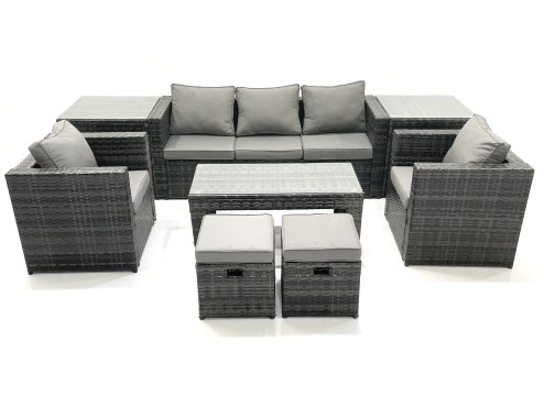 Fimous Rattan Garden Furniture Set Outdoor Lounger Sofa with Coffee Table 2 Armchair 2 Small Footstools 2 Side Tables Dark Grey Mixed