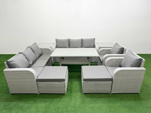 Fimous PE Rattan High Back Lounge Sofa Set Patio Rectangular Dining Table & Chairs Set with 3 Seater Sofa Reclining Chair 2 Big Footstool 2 Side Table Light Grey