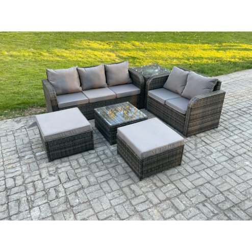 Fimous 7 Seater High Back Rattan Garden Furniture Set with Square Coffee Table 2 Big Footstool Side Table Indoor Outdoor Patio Lounge Sofa Set Dark Grey Mixed