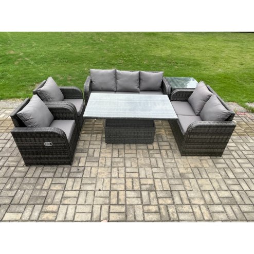 Fimous Wicker PE Rattan Outdoor Garden Furniture Sets Height Adjustable Rising lifting Dining Table Reclining Chair Sofa Set with Side Table Dark Grey Mixed
