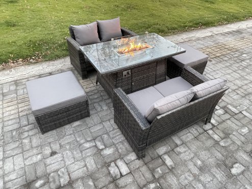 Fimous 5 Pieces Garden Furniture Sets Poly Rattan Outdoor Patio Gas Firepit Dining Table Sofa Set with 2 Big Footstool