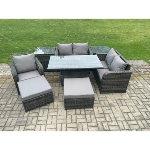 Fimous Wicker PE Rattan Furniture Garden Dining Set Outdoor Height Adjustable Rising lifting Table Love Sofa With Reclining Chair 2 Side Tables 2 Big Footstool