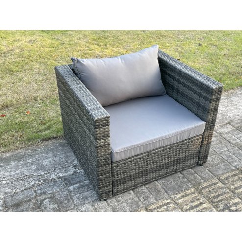 Fimous Outdoor Rattan Single Sofa Chair Garden Furniture With Seat and Back Cushion Dark Grey Mixed