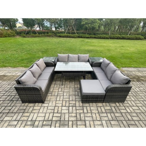 Fimous Patio Rattan Garden Furniture Set with Oblong Rectangular Dining Table Big Footstool 2 Side Tables 10 Seater Outdoor Lounge Sofa Set Dark Grey Mixed
