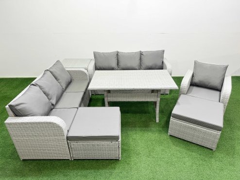 Fimous 9 Seater Poly Rattan Outdoor Garden Furniture Rectangular Dining Table Sofa Set Patio 3 Seater Sofa Reclining Chair 3 Seater Sofa 2 Big Footstools Side Table Light Grey