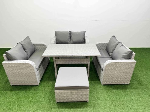 Fimous 7 Seater PE Wicker Rattan Furniture Sofa Sets with Rectangular Dining Table 2 Seater Love Sofa Big Footstool Light Grey
