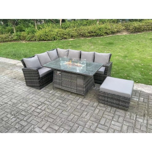Fimous 7 Seater?Outdoor High Back Rattan Gas Fire Pit Corner Sofa Dining Set Garden Furniture Heater Dining Table Dark Grey Mixed Left Side