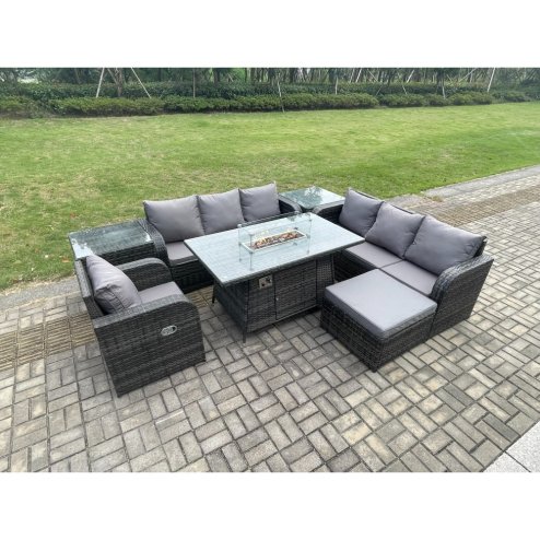 Fimous Rattan Outdoor Furniture Gas Fire Pit Rectangle Dining Table Gas Heater Reclining Chair 3 Seater Sofa Sets with Big Footstool 2 Side Tables 8 Seater