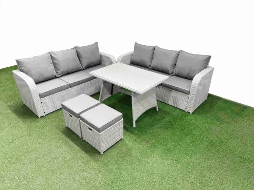 Fimous Patio Dining Table & Chairs Set Rattan High Back Lounge Sofa Set with 3 Seater Sofa 2 Small Stool Light Grey