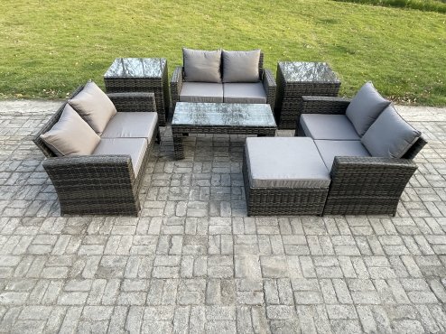 Fimous 7 PCS Outdoor Lounge Sofa Set Wicker PE Rattan Garden Furniture Set with Coffee Table Double Seater Sofa 2 Side Tables Big Footstool Dark Grey Mixed