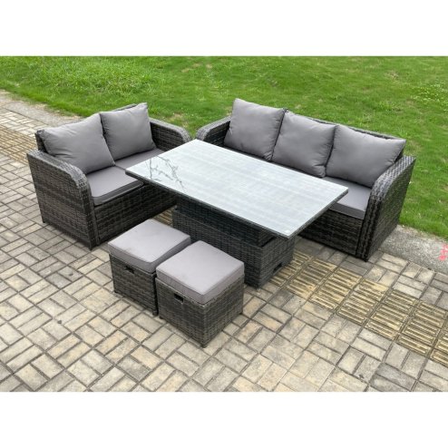 Fimous Outdoor Rattan Garden Furniture Sets Height Adjustable Rising lifting Dining Table Lounge Sofa Set With Love Sofa 2 Small Footstools Dark Grey Mixed