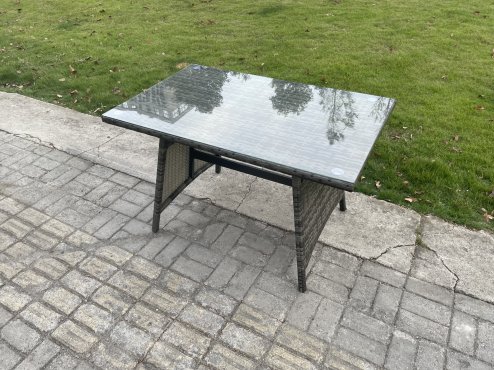 Fimous 6 Seater Wicker PE Rattan Garden Dining Set Outdoor Furniture Sofa with Rectangular Dining Table Double Seat Sofa Big Footstool Side Table Dark Grey Mixed