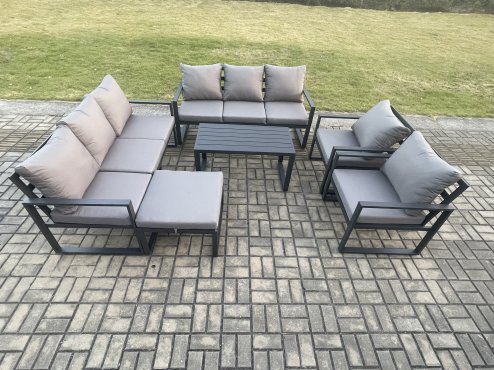 Fimous Aluminium Outdoor Garden Furniture Set 9 Seater Garden Sofa with Oblong Coffee Table Big Footstool Dark Grey