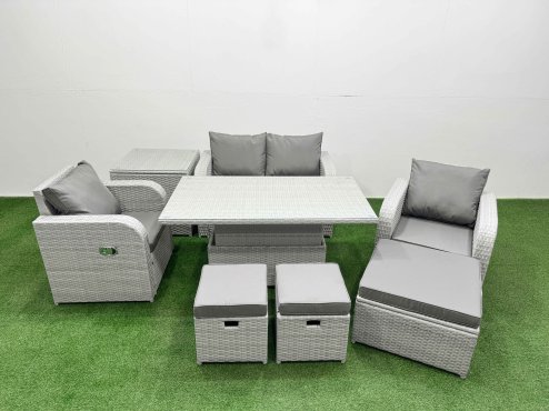 Fimous Light Grey PE Wicker Rattan Garden Furniture Set Sofa Set Reclining Chair Adjustable Lifting Dining or Coffee Table 7 Seater 3 Stools Side Table
