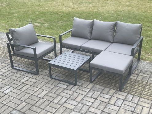Fimous Aluminium Outdoor Garden Furniture Set Lounge Sofa Chair Square Coffee Table Sets with Big Footstool Dark Grey