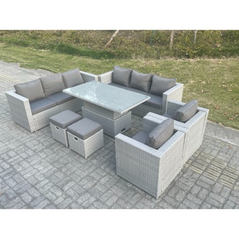 Fimous Rattan Garden Funiture Set Adjustable Rising Lifting Table Sofa Dining Set Lounge Sofa 2 Arm Chair Stool