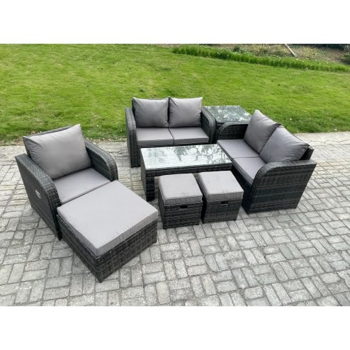 Fimous 8 Seater Rattan Outdoor Garden Furniture Sofa Set Patio Table & Chairs Set with Side Table 3 Footstools Dark Grey Mixed