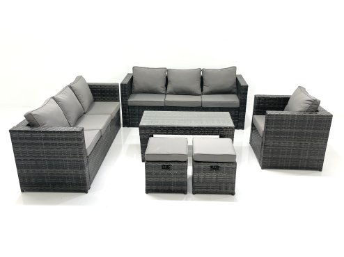 Fimous Rattan Garden Furniture Set Outdoor 9 Seater Patio Conversation Sets with Glass Top Coffee Table Stool