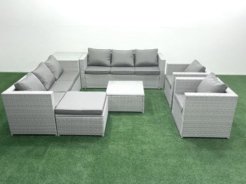 Fimous Outdoor Rattan Sofa Garden Furniture Set with 2 Armchairs Square Coffee Table Big Footstool Side Table Light Grey Mixed