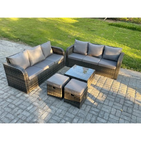 Fimous Indoor Outdoor Rattan Garden Furniture 8 Seater Set Table Sofa Chair Patio Conservatory with Grey Cushions 2 Small Footstools