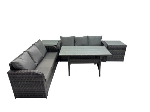 Fimous 6 Seat Outdoor Wicker PE Rattan Garden Furniture Set Dining Table Sofa Set with 2 Side Tables Dark Grey Mixed
