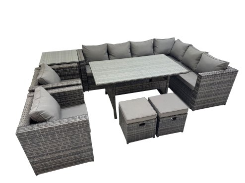 Fimous Rattan Garden Furniture Set Outdoor 10 Seater Patio Dining Corner Sofa Sets with Dining Table 2 Chairs 2 Small Stools Side Table Dark Grey Mixed
