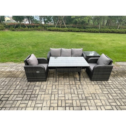 Fimous Wicker PE Rattan Garden Furniture Set Outdoor Rectangular Dining Table and Chair Sofa Set With Side Table Dark Grey Mixed
